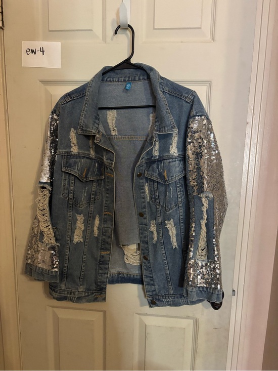 Jackets & Blazers - Denim Distressed Jacket with Sequin Sleeves - Light Blue